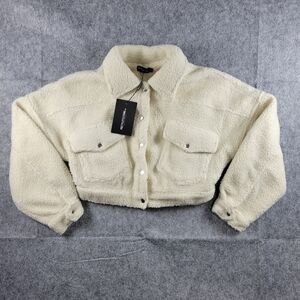NWT Pretty Little Thing Cream Cropped Teddy Trucker Jacket Womens Size 4